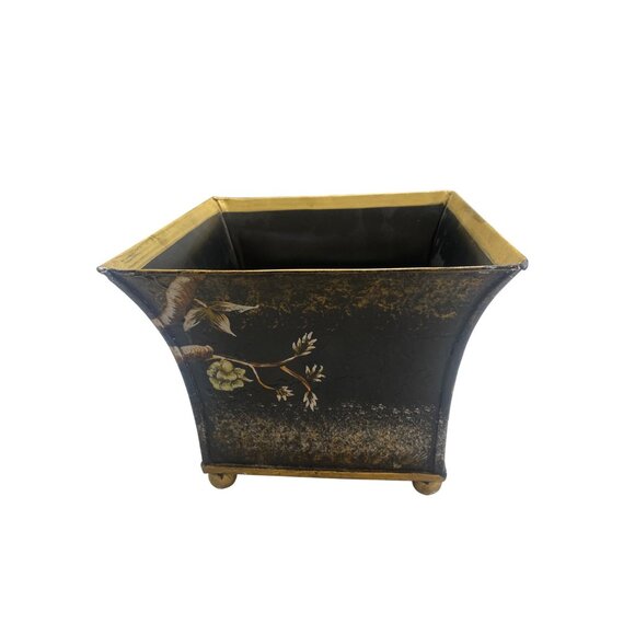 Vintage Hand-Painted Metal Planter With Bird & Floral Design Gold Accents Square - Picture 4 of 6